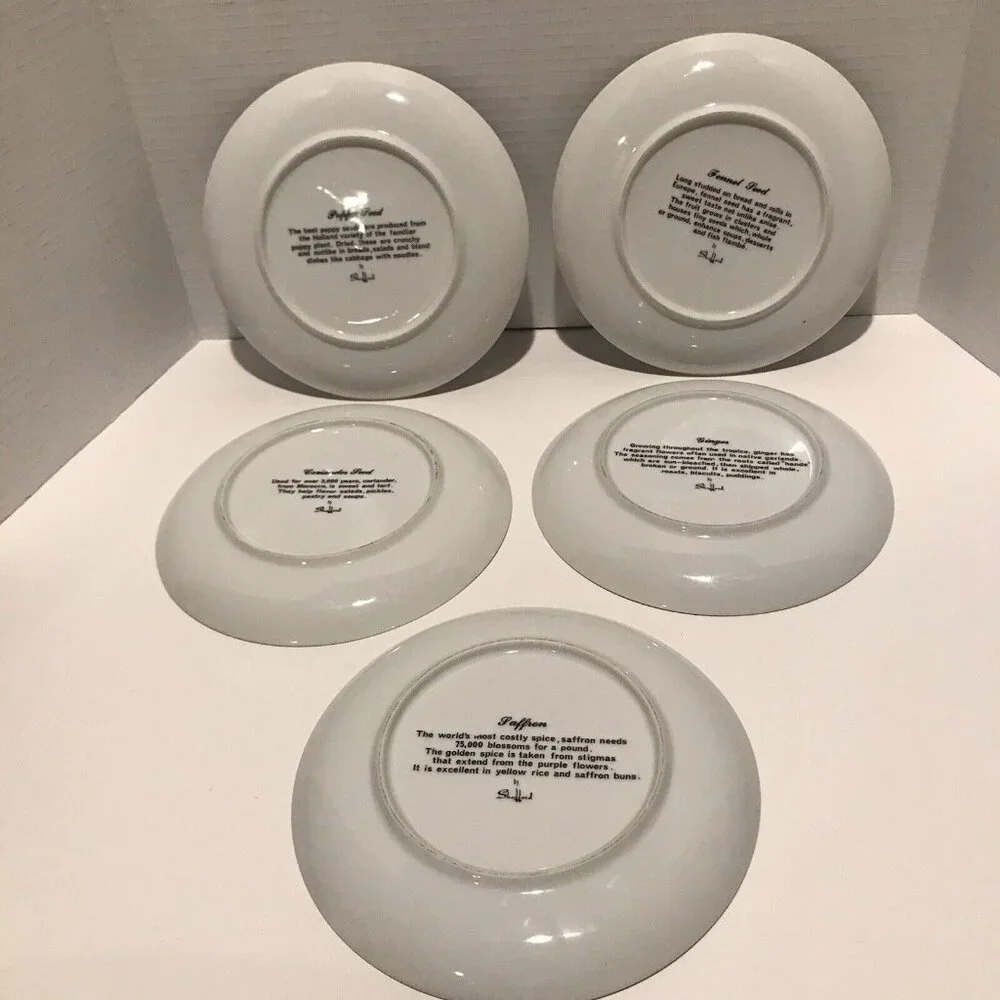 Vtg Shafford botanical 5 porcelain‎ salad plates herbs seeds poppy ginger Japan